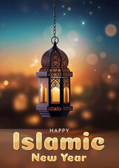 Poster - Happy Islamic New Year Poster Design. Islamic Greeting Card Concept with Arabic Lantern Design . Happy New Hijri Year Template. Happy Muharram Poster.Ashura Day