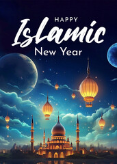 Canvas Print - Happy Islamic New Year Poster Design. Islamic Greeting Card Concept with Arabic Lantern Design . Happy New Hijri Year Template. Happy Muharram Poster.Ashura Day