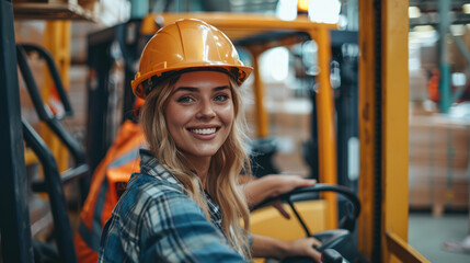 Aufkleber - Smiling man and woman works on forklift in a parcel warehouse. Generative AI.