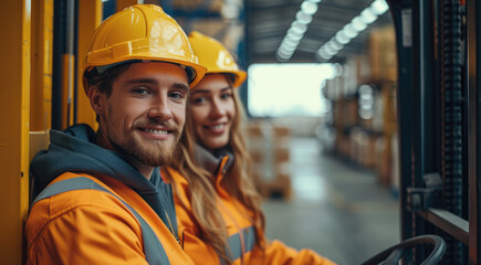 Aufkleber - Smiling man and woman works on forklift in a parcel warehouse. Generative AI.