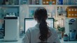 Female doctor working on a laptop in her office, screen of laptop is blank. Generative AI.