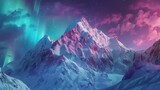 Fototapeta Do pokoju - A snow-covered mountain peak illuminated by the vibrant hues of the aurora borealis, creating a surreal and enchanting scene.