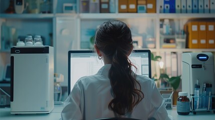 Aufkleber - Female doctor working on a laptop in her office, screen of laptop is blank. Generative AI.
