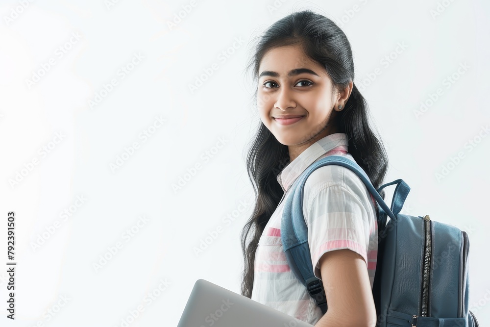 Standing on white background an Indian Asian college girl holds a ...