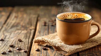 Poster - A steaming cup of freshly brewed coffee on a rustic wooden table, with aromatic steam rising invitingly from the dark brew.