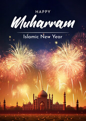 Sticker - Happy Islamic New Year Poster Design. Islamic Greeting Card Concept with Arabic Lantern Design . Happy New Hijri Year Template. Happy Muharram Poster.Ashura Day