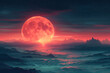 Huge red moon rising over mountain range sci-fi futuristic illustration wallpaper background
