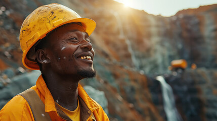 Fototapete - Smiling black South African miner looking downwards standing in an open platinum mine. Generative AI.
