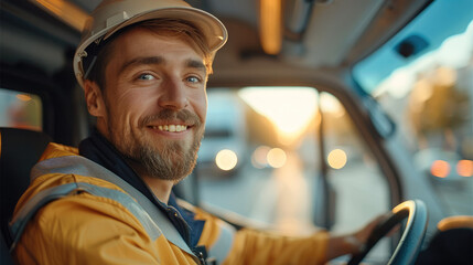 Poster - Smiling driver driving delivery of parcel. delivery concept. Generative AI.