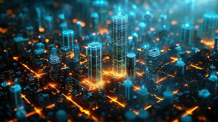 Wall Mural - Smart City Matrix: Glowing Lines Define Urban Space - Digital Replica