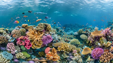 Poster - A vibrant coral reef teeming with marine life beneath the surface of the Pacific Ocean, showcasing underwater biodiversity.