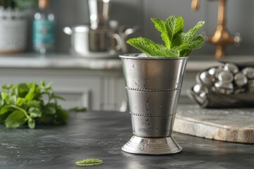 Poster - Mint julep on table made of metal glass