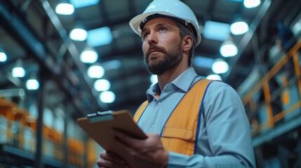 Fototapete - Young energetic professional factory worker inspecting factory light panels on the roof with a clip board in his hand. Generative AI.