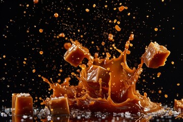 Poster - Molten caramel and salted pieces splashing and exploding on a black backdrop