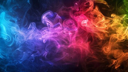 Wall Mural - Abstract background of swirling rainbow-colored smoke against a dark backdrop, creating a sense of mystery