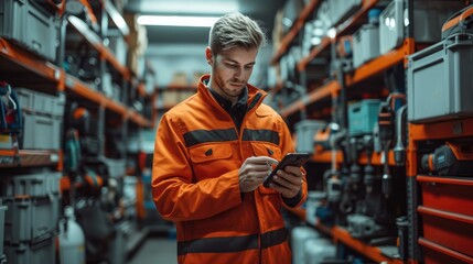 Aufkleber - Service engineer with toolbox using his phone. Generative AI.