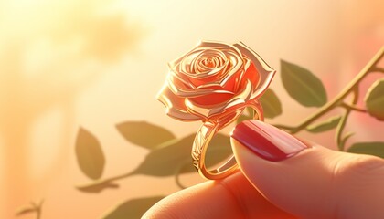 Elegant womans hand displaying a gold ring with a romantic rose design, captured against a soft, golden hour sunlight for a warm effect