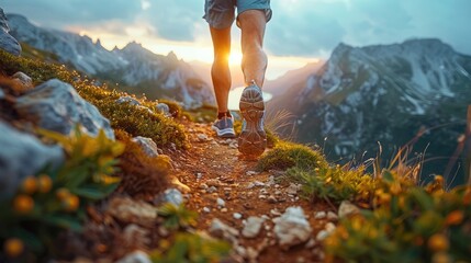 close up of a man s legs running on a mountain trail illustration