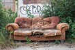Outdoor horizontal composition of a severely damaged sofa