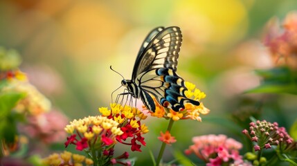 Poster - Beautiful swallowtail butterfly feeding on nectar from a colorful blossom, its slender proboscis delicately sipping sweetness.