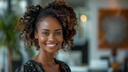 Wall Mural - Successful African woman entrepreneur smiling in office