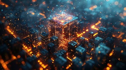 Poster - Digital twin of smart city, urban center with buildings and streets surrounded by glowing blue lines forming an abstract cube shape