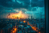 Fototapeta Big Ben - Dramatic Thunderstorm over City Skyline with Construction Cranes at Sunset