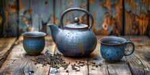 A Blue Tea Kettle Sits On A Wooden Table With Two Cups Of Tea