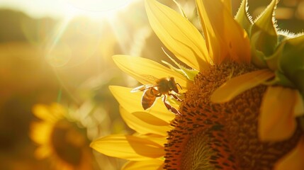 Poster - Close-up of a bee collecting pollen from a sunflower, bathed in the sunlight's golden hue