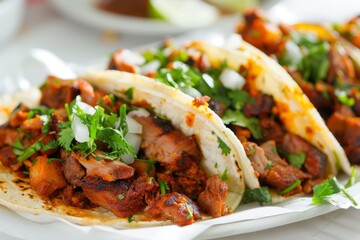 Sticker - Popular Mexican street tacos Tacos al pastor or Tacos de Trompo consist of marinated pork and beef with achiote