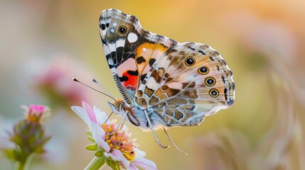 Poster - Close-up of a delicate painted lady butterfly sipping nectar from a wildflower, its dainty proboscis probing for sweetness.