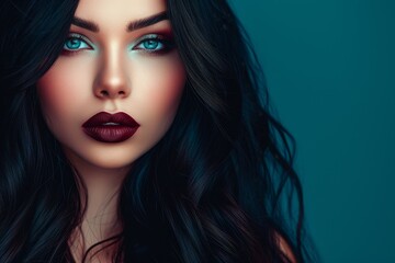 Wall Mural - Portrait of a stunning young woman with vibrant maroon makeup featuring bright cherry lipstick long black hair and brightly colored locks