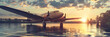  Modern private plane standing on river wet runways with beautiful after storm sky, sunny clouds on background.   