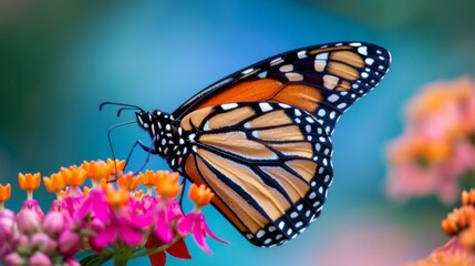 Poster - Close-up of a stunning monarch butterfly perched gracefully on a blooming flower, its intricate patterns on full display.