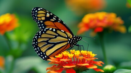 Poster - Close-up of a stunning monarch butterfly perched gracefully on a blooming flower, its intricate patterns on full display.
