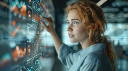 Aufkleber - Digital marketing woman strategist in modern agency. The strategist is engaged with an interactive wall display showing consumer trends and digital campaign metrics. Generative AI.