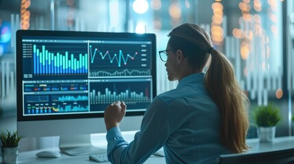 Poster - Digital marketing professionals working with modern technology like computers and digital displays showing graphs and data analytics. Generative AI.