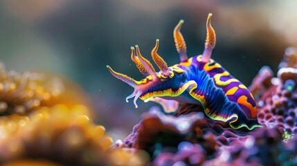 Close-up of a vibrant sea slug crawling on a coral reef, showcasing its vivid colors