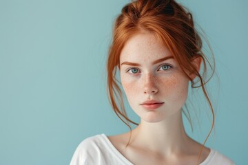 Wall Mural - Serious redhead teenage girl posing indoors with blue background