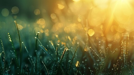 Poster - Close-up of dew-covered grass glistening in the morning light as the sun rises