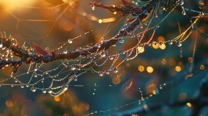 Poster - Close-up of dewdrops on a cobweb, nature's delicate adornment in the early hours