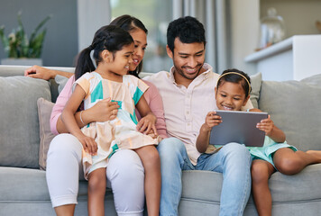 Poster - Technology, parents and kids on sofa with tablet, internet and relax together in living room. Mom, dad and girl children on couch with digital app for streaming, games and online connectivity in home