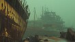 The rusted skeletons of forgotten ships loom in the background as a hazy fog envelops the decayed structures of an abandoned shipyard. .