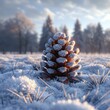 A serene winter landscape, showcasing a lone snow-covered pine cone amidst a vast expanse of pristine snow in a meticulously crafted 3D rendering.