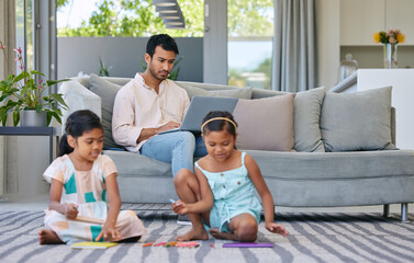 Aufkleber - Man, laptop and kids on floor with family for online research, remote work or freelance website. Dad, children and bonding in living room with technology for email, digital blog or network at home