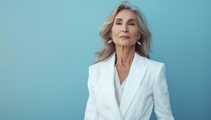 Wall Mural - A woman in a white suit stands elegantly in front of an electric blue wall