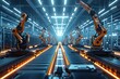 In a digital rendering technique, depict an automated warehouse filled with robotic arms and conveyor belts, showcasing the efficiency of long shot technology Efficient, futuristic, precise