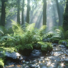 Poster - Minimalist 3D rendered forest edge with a single fern, uncurling fronds highlighted by the morning sun.