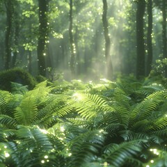 Poster - A solitary fern unfurls its delicate fronds at the forest's edge, bathed in the gentle glow of the morning sun in a minimalist 3D rendering.