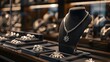 an upscale shopping concept background displaying a range of fine jewelry pieces on a velvet-lined display case, captured in detailed full ultra HD high resolution.